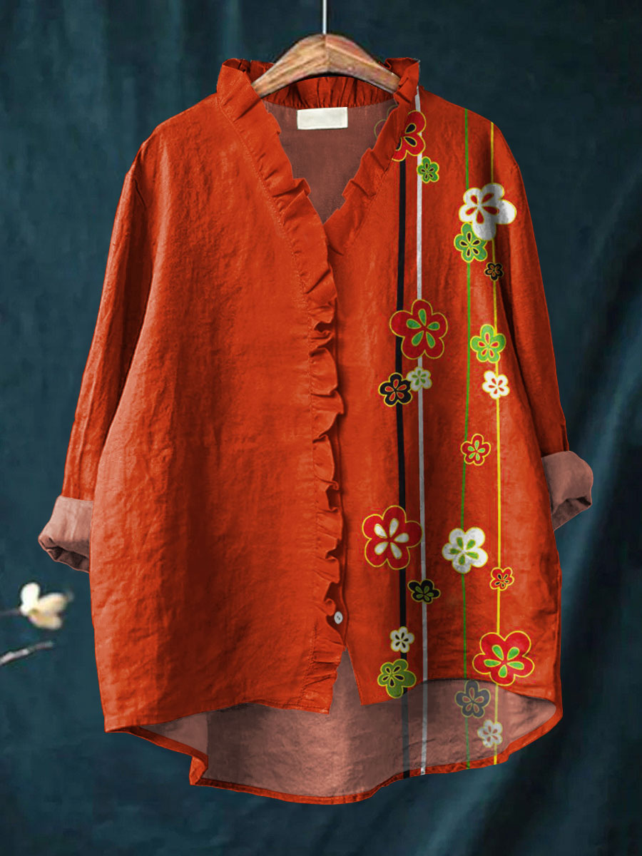 Women's Colorful Flower Art Print Casual Cotton And Linen Ruffle Shirt