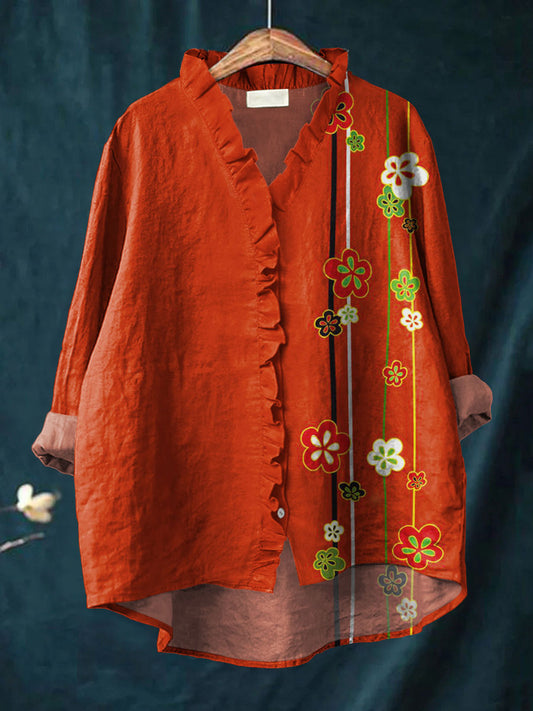 Women's Colorful Flower Art Print Casual Cotton And Linen Ruffle Shirt