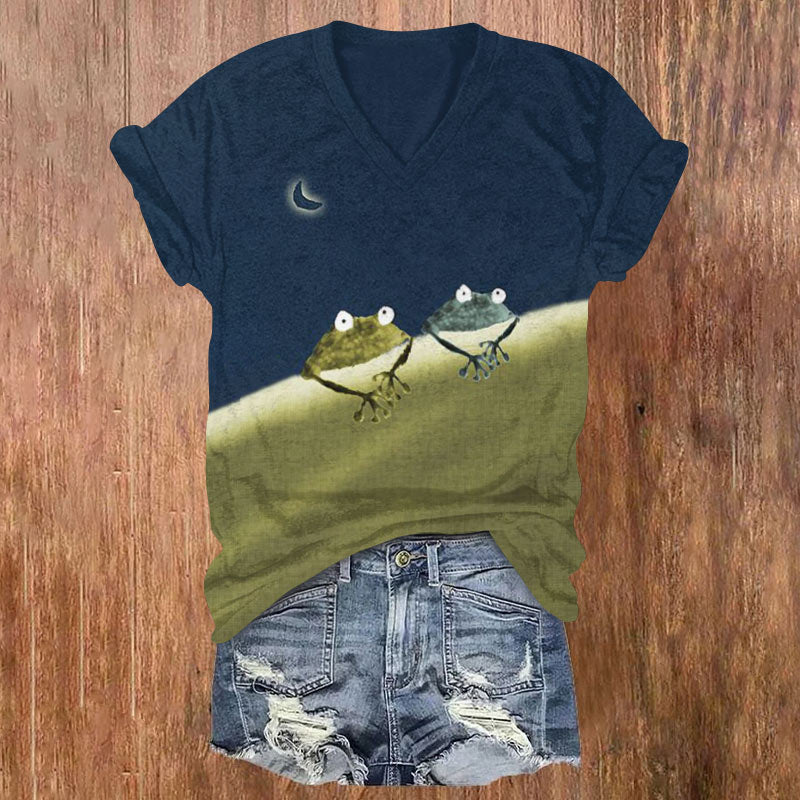 Oprinted Simple Frog Color Block Print T-shirt