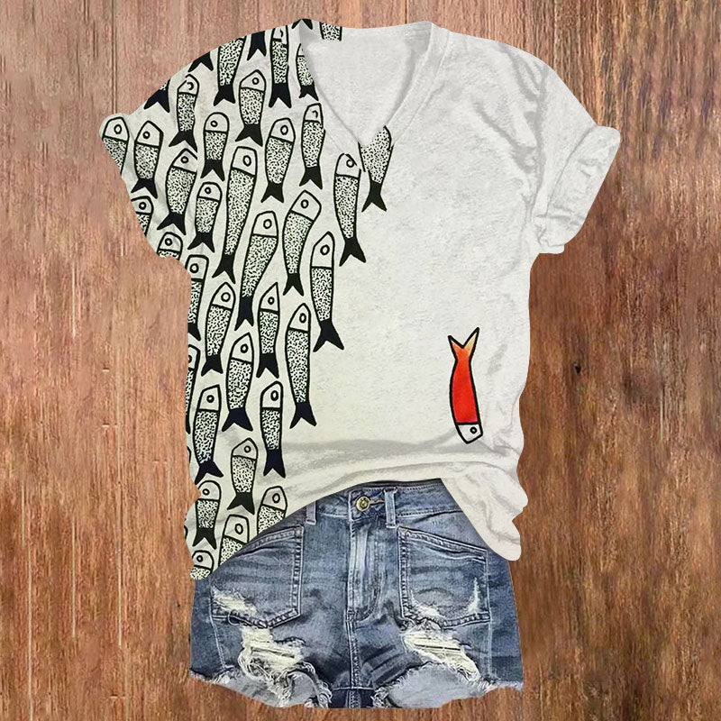 Oprinted Cute Simple Lines Abstract Geometric Fish Art Print V-neck T-shirt