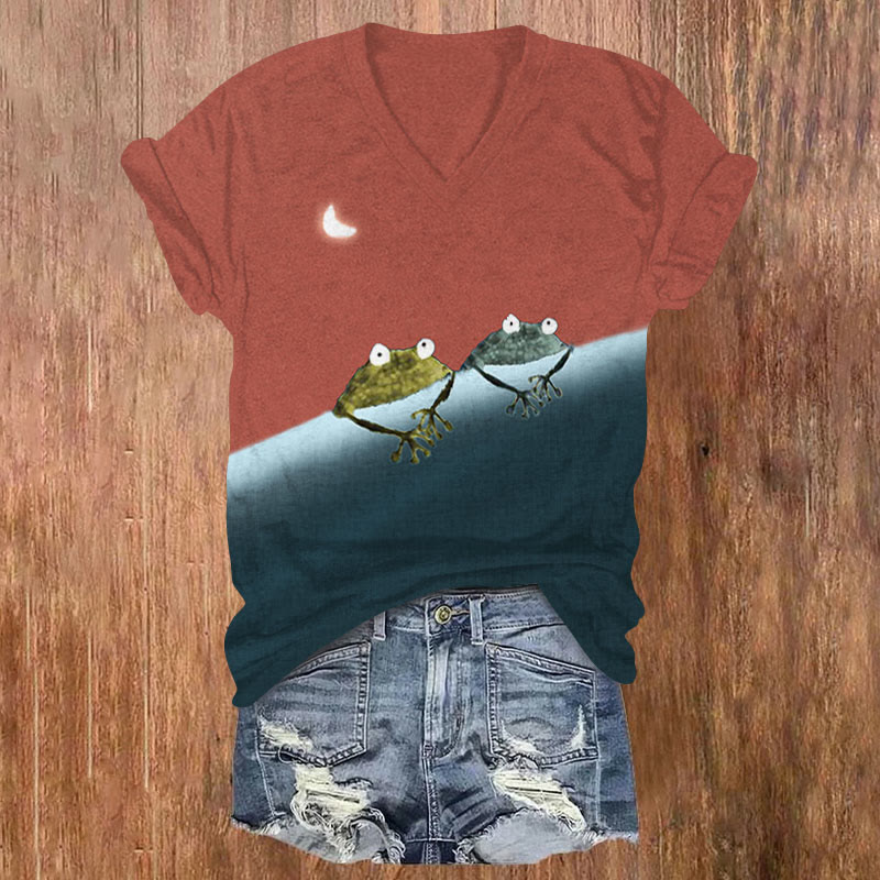 Oprinted Simple Frog Color Block Print T-shirt