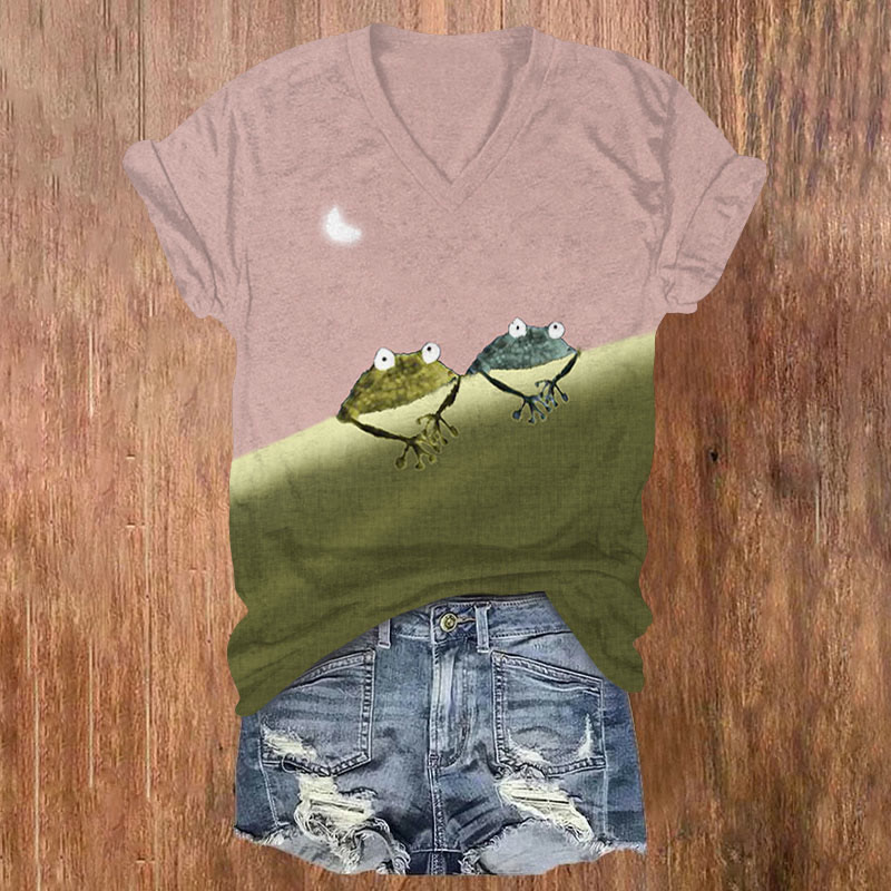 Oprinted Simple Frog Color Block Print T-shirt