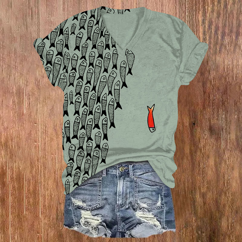 Oprinted Cute Simple Lines Abstract Geometric Fish Art Print V-neck T-shirt