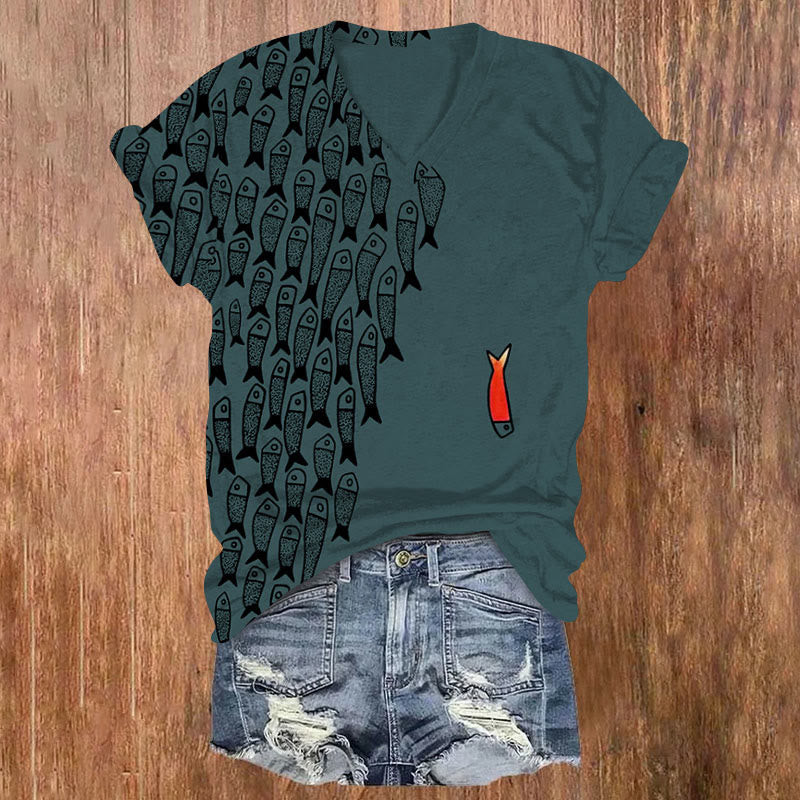 Oprinted Cute Simple Lines Abstract Geometric Fish Art Print V-neck T-shirt