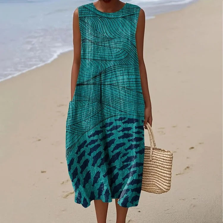 Women's Ocean Fish Art Print Sleeveless Linen Pocket Wrap Dress