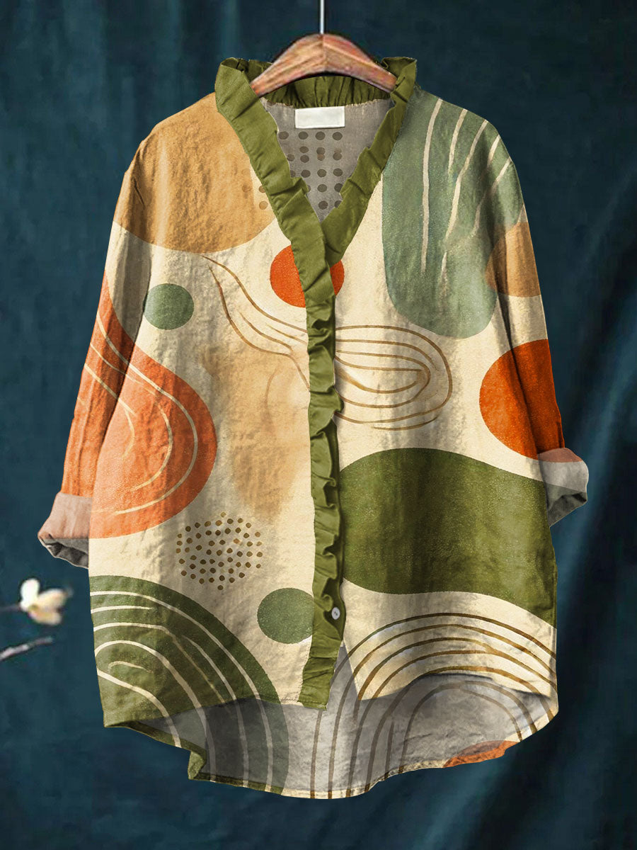 Women's Abstract Color Block Art Print Casual Cotton And Linen Ruffle Shirt