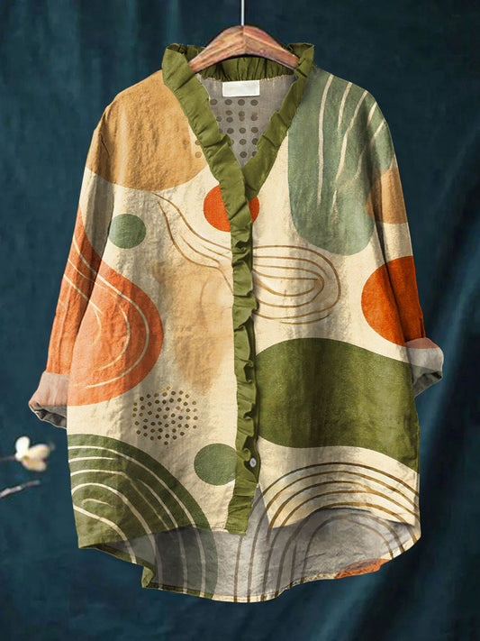 Women's Abstract Color Block Art Print Casual Cotton And Linen Ruffle Shirt