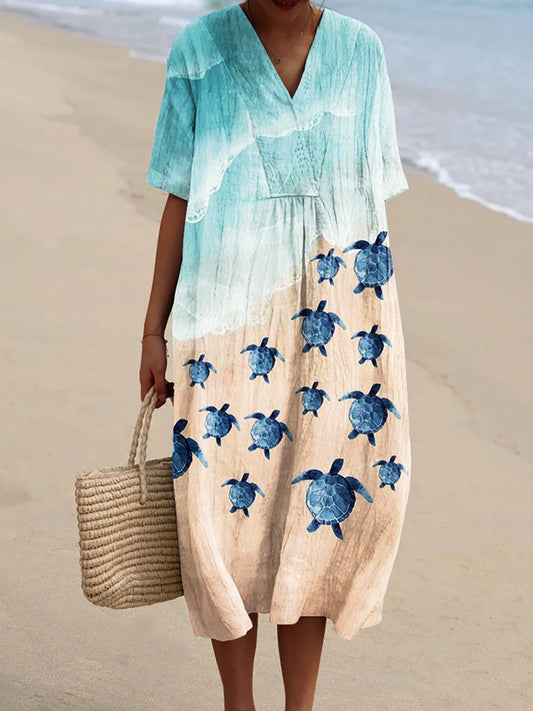 Women's Vintage Beach Turtle Art Print Flowy Dress