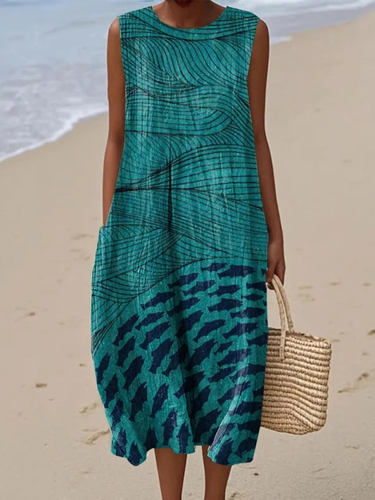 Women's Ocean Fish Art Print Sleeveless Linen Pocket Wrap Dress