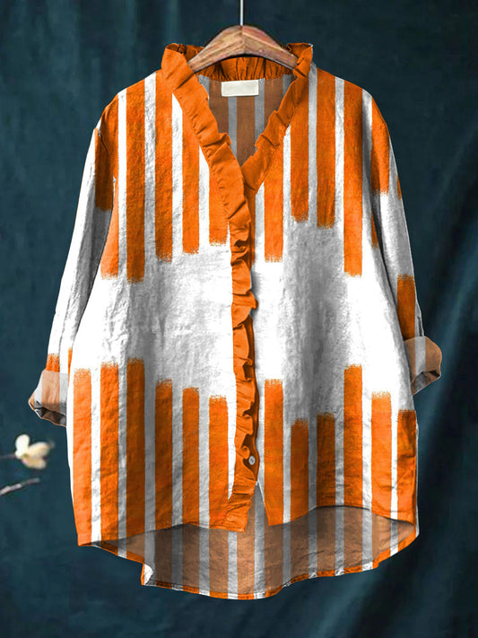 Women's Fashion Line Art Print Casual Cotton And Linen Ruffle Shirt