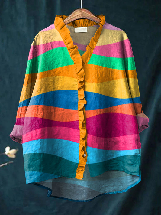 Women's Bright Abstract Ripple Art Print Casual Cotton And Linen Ruffle Shirt