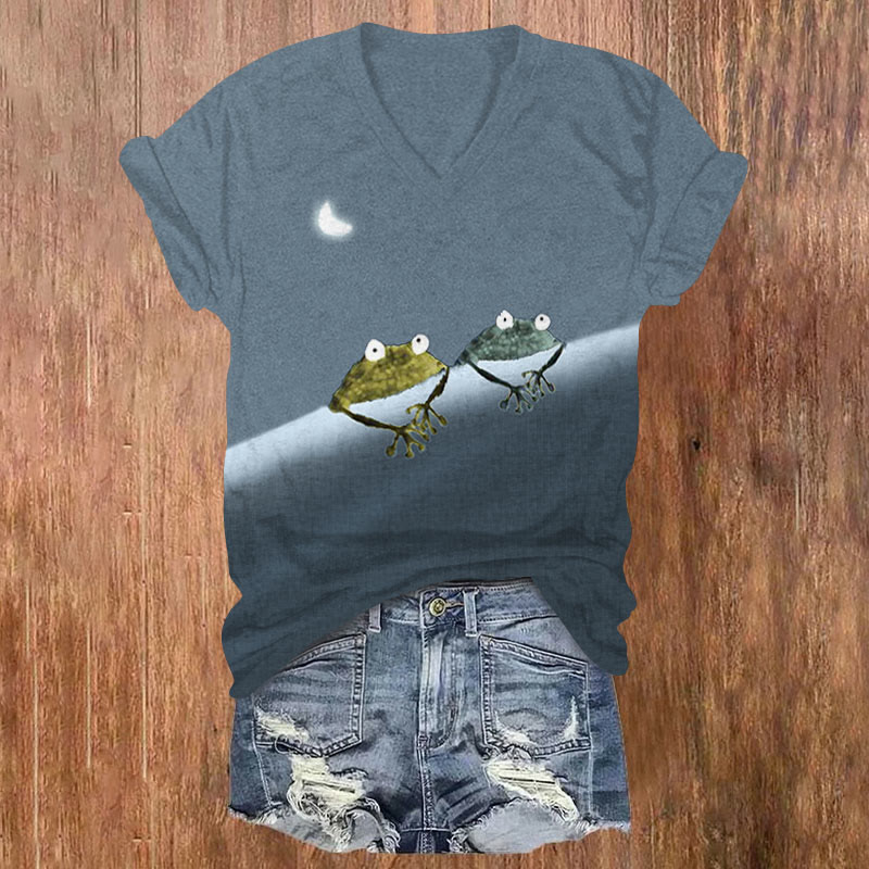 Oprinted Simple Frog Color Block Print T-shirt