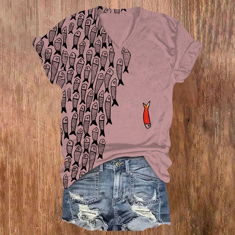 Oprinted Cute Simple Lines Abstract Geometric Fish Art Print V-neck T-shirt