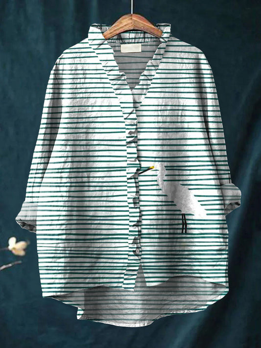 Women's Abstract Striped Flying Cranes Art Print Casual Cotton And Linen Ruffle Shirt