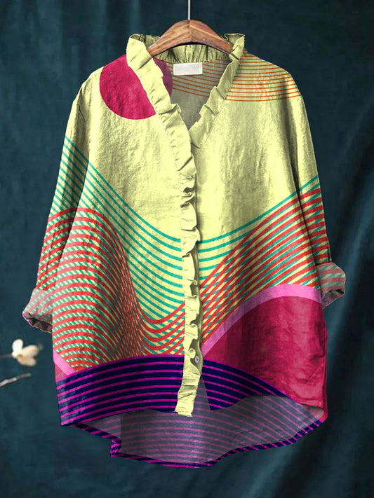 Women's Bright Abstract Stripe Art Print Casual Cotton And Linen Ruffle Shirt