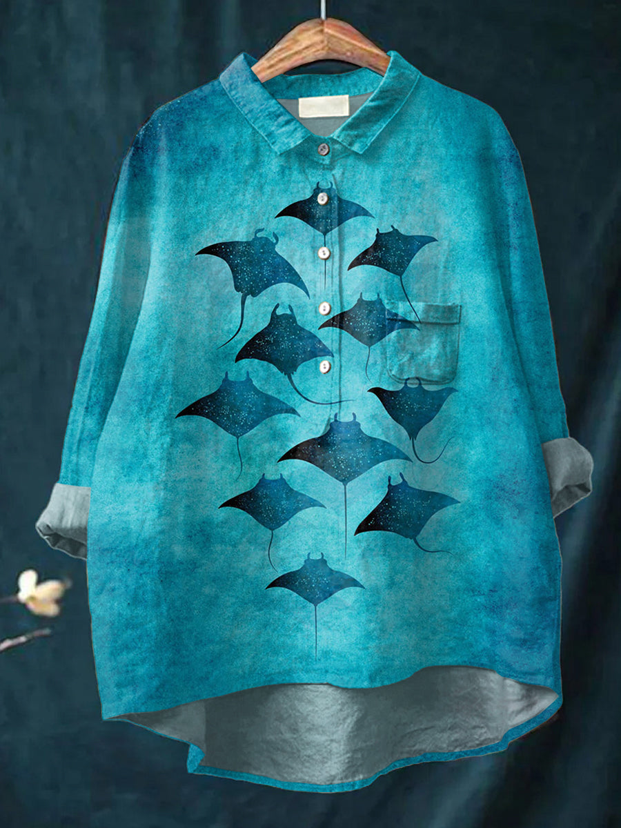 Women's Vintage Manta Rays Print Casual Cotton And Linen Shirt