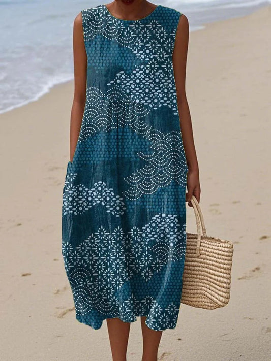 Women's Vintage Ethnic Pattern Art Print Sleeveless Linen Pocket Wrap Dress